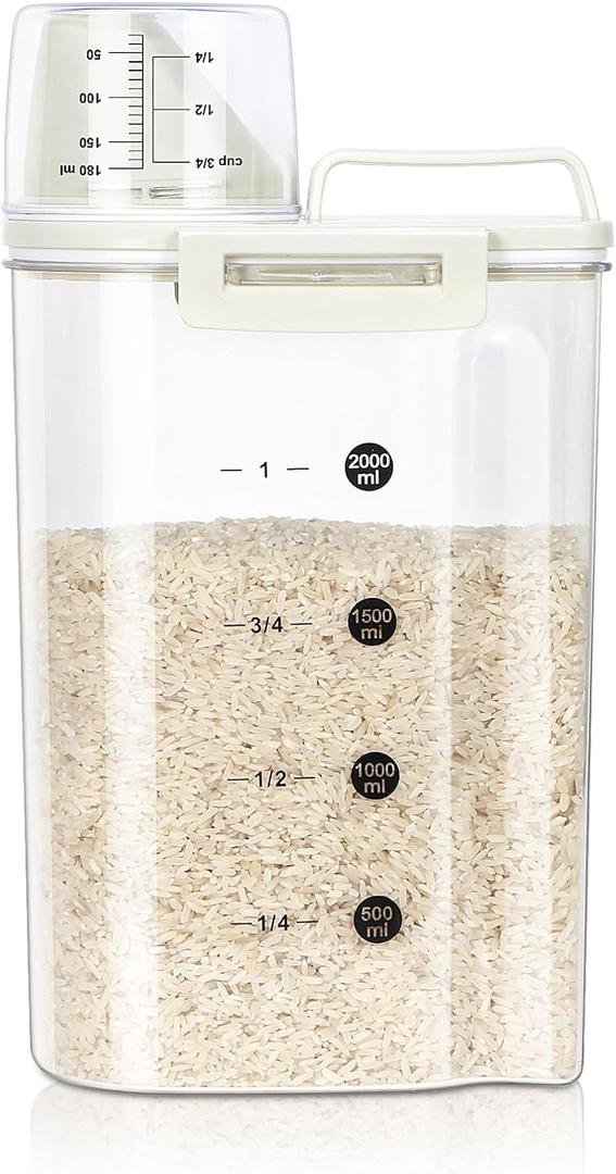 TBMax Rice Container, High Transparency PET Airtight Food Storage Container 2.64 Qt/4 Lbs, Kitchen Pantry Cereal Storage Container with Measuring Cup, Small Pet Cat Dog Food Container Dispenser -Beige (Crystal-Clear&Beige)