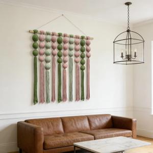 KaloKalo Macrame Wall Hanging Extra Large Handmade Tapestry Boho Decor Natural Cotton Rope Ball Textile Fiber Yarn Warm Wall Art for Livingroom Bedroom Wedding Party 35.4" L by 33.8" H - Pink Green