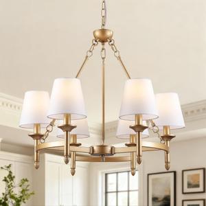 25.2" Gold Chandelier for Dining Room, 6-Light Antique Modern Chandelier Light Fixture with White Fabric Shade, Farmhouse Chandeliers Ceiling Light Fixture for Kitchen Bedroom Entryway Foyer