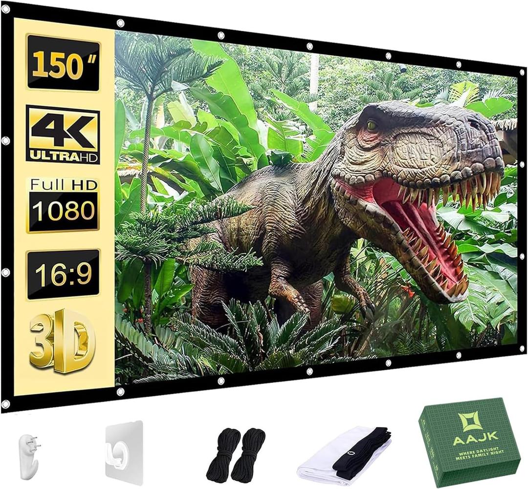 AAJK Outdoor Projector Screen 150 inch, Washable Projector Screen 16:9 Foldable Anti-Crease Portable Projector Movies Screen for Home Theater Outdoor Indoor Support Double Sided Projection