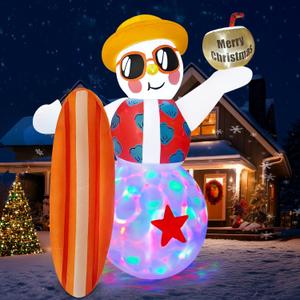AerWo 8FT Funny Christmas Inflatables Outdoor Decoration, Hawaiian Inflatable Snowman Surfboard with Rotating LEDs, Christmas Blow Ups for Beach Christmas Decorations Outside Indoor Yard Xmas Decor