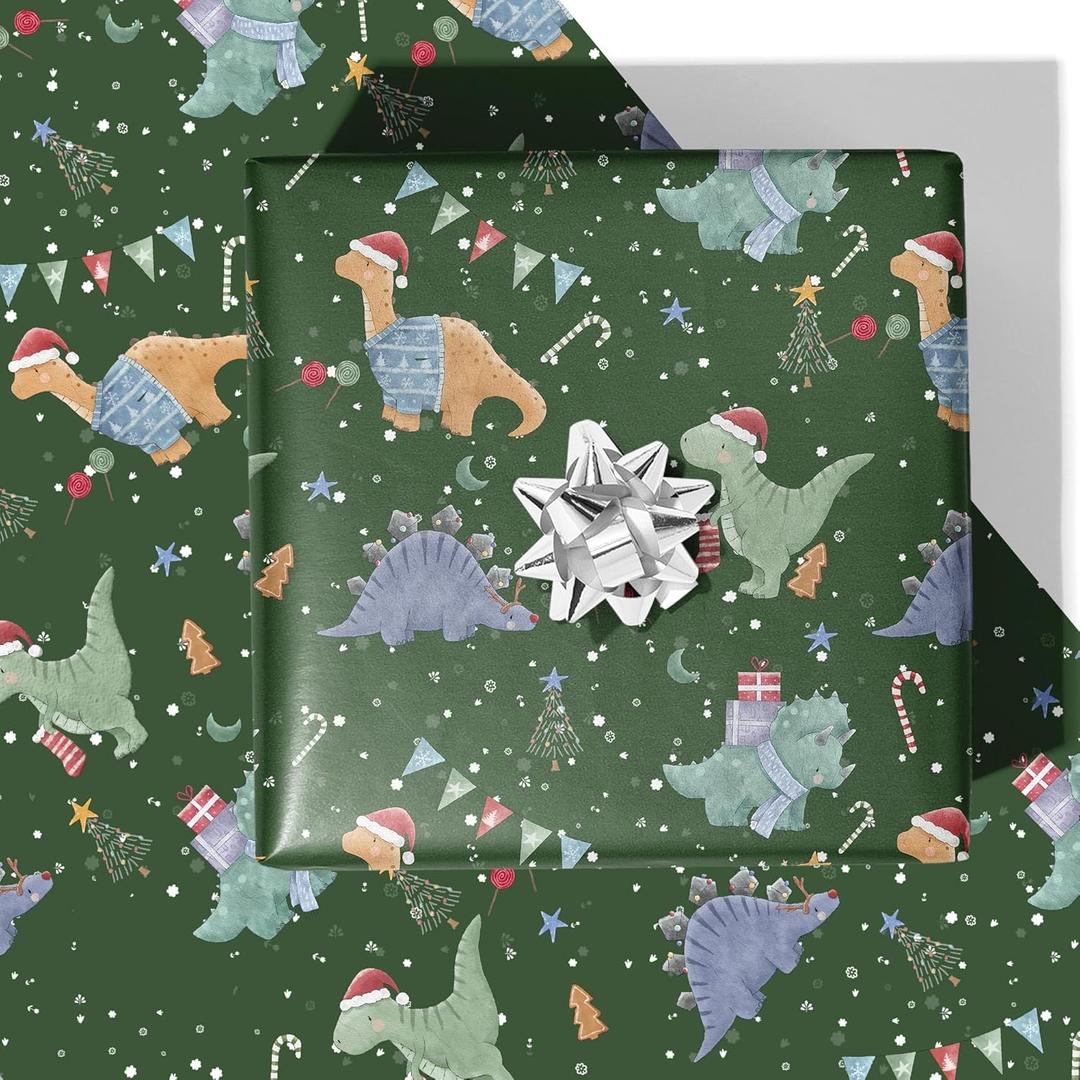 2 x RiukRaiu Dinosaur Christmas Wrapping Paper for Kids Adults - Green Xmas Gift Wrap Santa Hat T-Rex Trees Candy Canes Colorful Flags Stars Snowflakes for Holiday Party - 4 Jumbo Sheets, 40 x 28 Inches Each