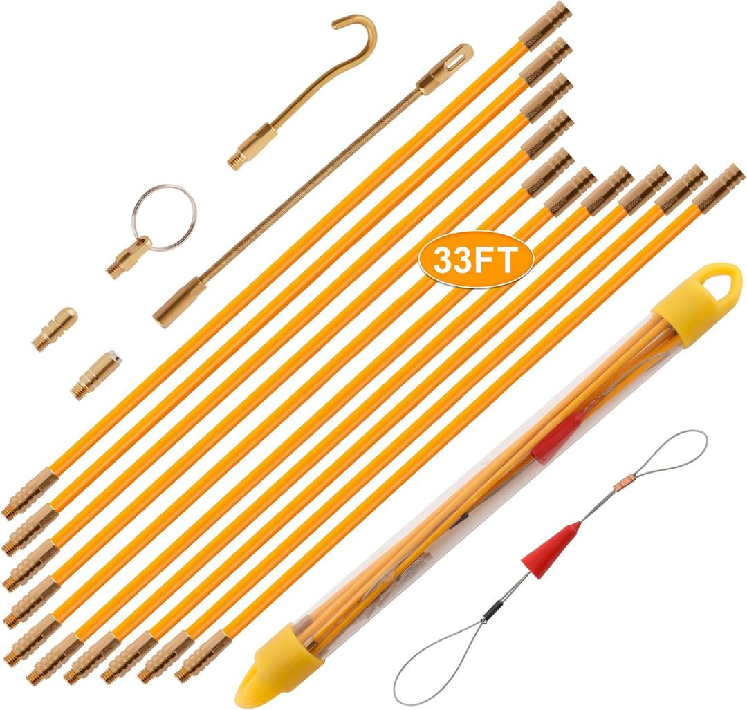 KOOTANS 33FT Fiberglass Running Electrical Wire Cable Glow Rods Wire Pulling Tools Fish Tape Wire Puller Through Wall Cable Snake Fish Rods Kit with Different Attachments