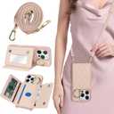 for iPhone 16 Pro Case with Card Holder and Strap for Women,Crossbody Lanyard, Make Up Mirror,Ring Stand,Snap Clasp,Cute Phone Wallet Cases 6.3 inch - Rose Gold