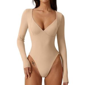QINSEN Women's Long Sleeve Bodysuit V Neck Body Suits Seamed Cup Going Out Tops Shirt, L