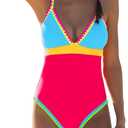 popvil One Piece Swimsuit 2025 Tummy Control Women Bathing Suit Shapewear Swimsuits Slimming Neon Cute Tie Back Swimwear (X-Large, Colorblock4)
