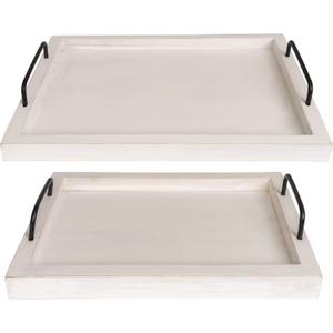 Besti Rustic Vintage Food Serving Trays (Set of 2) | Nesting Wooden Board with Handles | Stylish Farmhouse Decor Serving Platters | Large: 15 x2 x11 - Small: 13 x2 x9 inches (Rustic Off White)