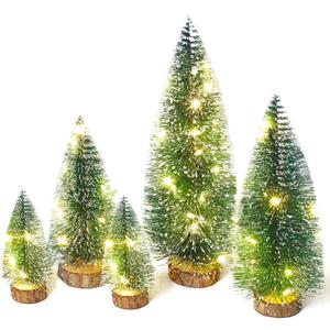 Mini Christmas Tree with Lights, Small Table Top Decorations, Desktop Miniature Pine Tree Xmas Holiday Decor Indoor Home, Bottle Brush Trees with Wooden Base, 5 Pcs with Light