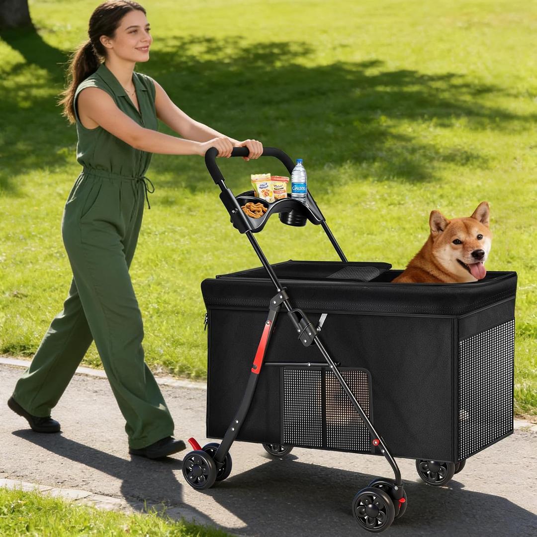 Medium Dog Stroller for Large Dogs, Pet Stroller for Medium Dogs Up to 100lbs, All-Terrain with Handle & Canopy, Storage Organizer, Waterproof Oxford Fiber Black