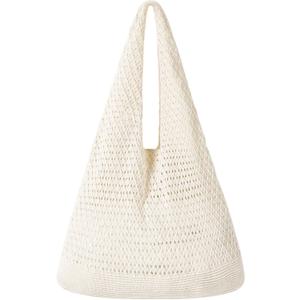 WantGor Crochet Bags, Beach Mesh Tote Bag Womens Shoulder Shopping Handbag Casual Travel Totes Bag Foldable Hobo Bags (Apricot)