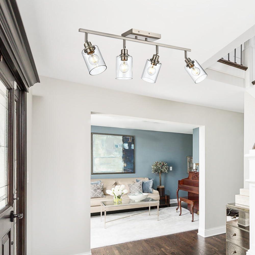 Bathroom Vanity Lighting,Modern 4-Light Track Lighting Fixtures Ceiling,Brushed Nickel Semi Flush Mount Ceiling Light with Clear Glass Shade Flexibly Rotatable Light Head Kitchen Track Light