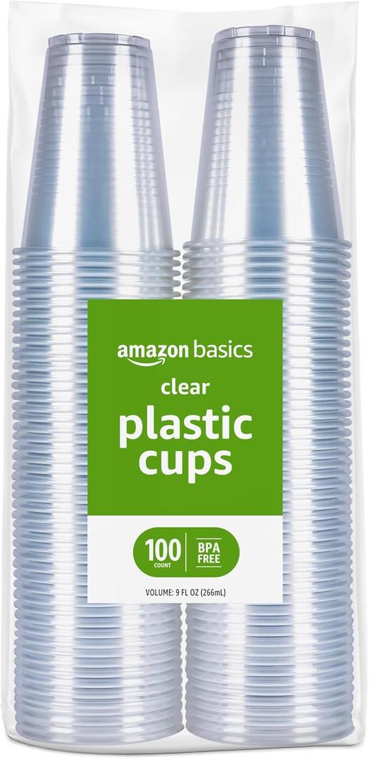 Amazon Basics Small Disposable Clear Plastic Cups, 9oz, 100 Count