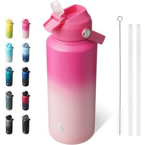 BJPKPK Water Bottle with Straw Lid, 32oz Vacuum Insulated Water Bottles, Metal Stainless Steel Thermos for Sports, Travel, BPA Free Leak Proof Thermos, Cups, Flasks, Tumblers, Cherry