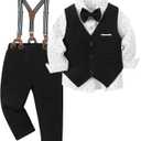 ZOEREA Toddler Boy Suit Formal Wedding Outfits Gentleman Clothes Long Sleeve Shirt + Suspender Pants + Bowtie, Size 3-4Y