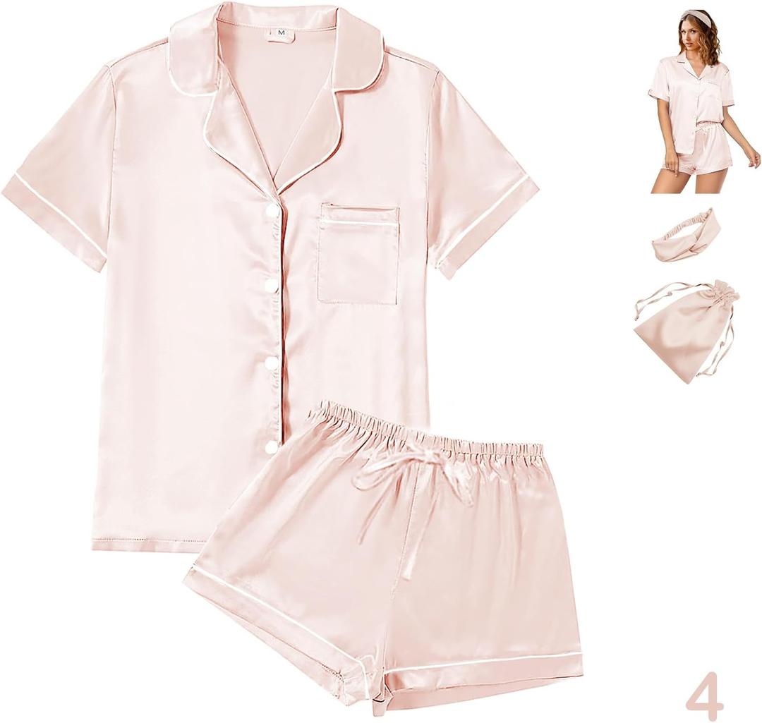 WJing Yi Jia 4Pcs Womens Satin Silky Pajama Sets Short Sleeve Shirt XS-4XL Floral Pajamas Set Soft PJ Loungewear Sleepwear (M)