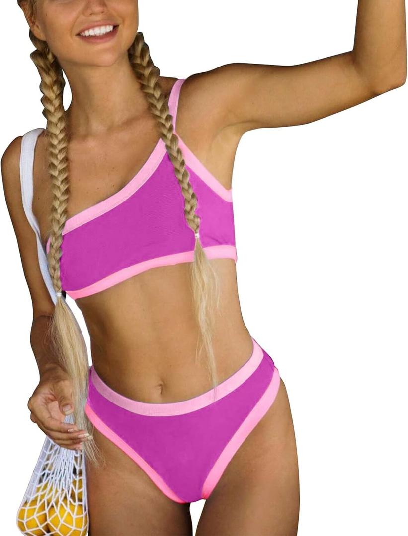 Women's Ribbed Bikini Sets One Shoulder Top Two Piece Swimsuits | Girl Mid Rise Bottom, Thong Swimwear,Teens Bathing Suit (Pink)