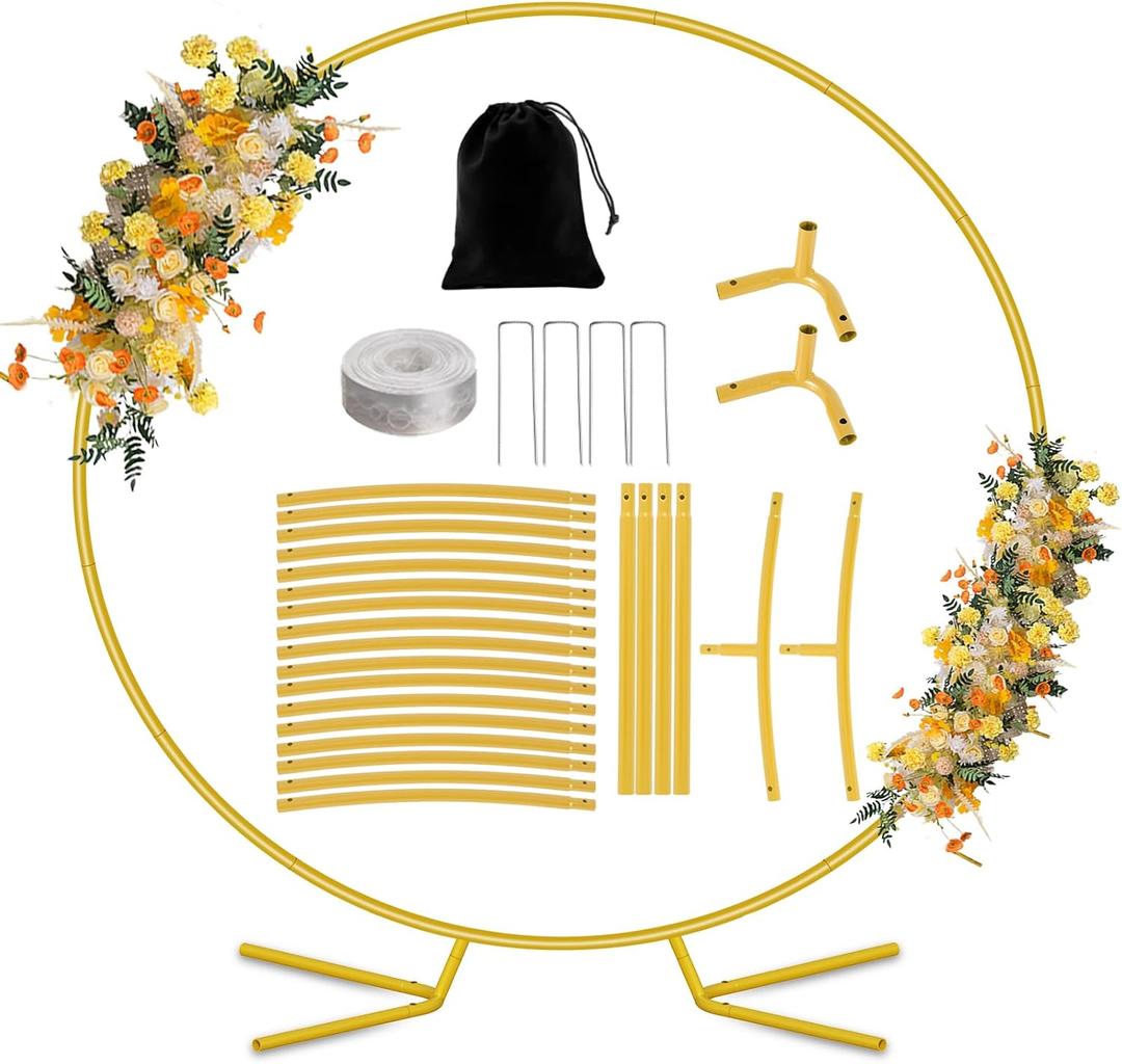 Nisoger 8FT Round Backdrop Stand, Circle Gold Balloon Wedding Arch Frame, Metal Wedding Backdrop With Storage Bag For Parties, Baby Shower, Ceremony and Graduation Decorations