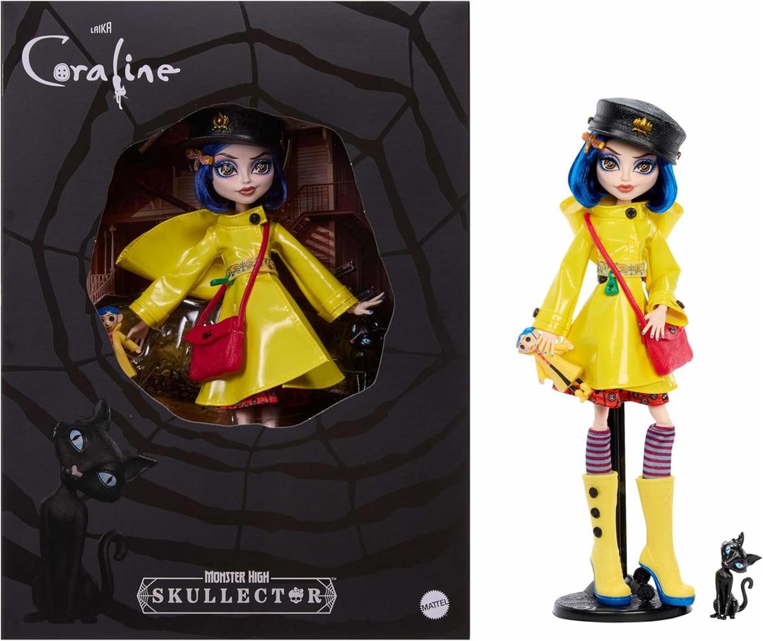 Monster High Skullector Doll, Coraline Collectible in Yellow Raincoat with Dress and Accessories Like Rag Doll, Cat Figure, and Doll Stand