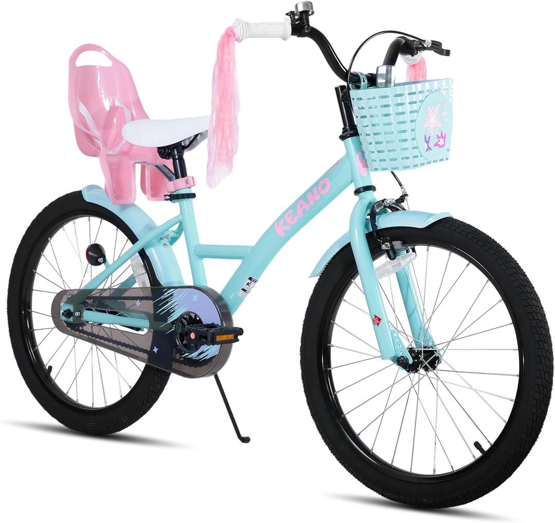 KEANO Zinnia 14 16 20 Inch Kids Bike for Girls Ages 3-10 Years, Girls' Bikes with Training Wheels, Streamers, Basket and Doll Seat, Children Bicycles (Green)