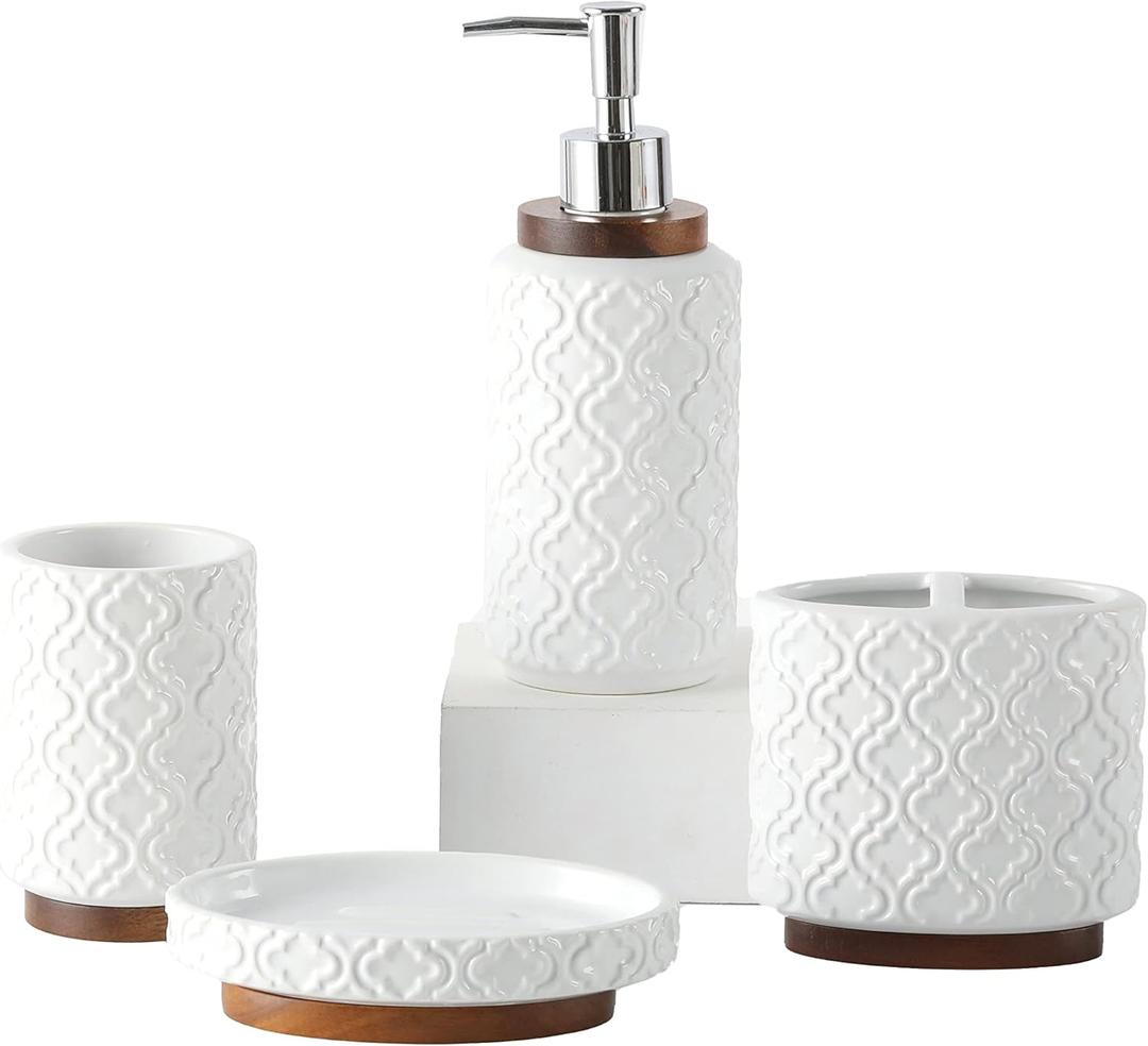 Bathroom Accessories Set 4 Pcs Toothbrush Holder Soap Dispenser Ceramic and Wood Bathroom Decor Set Contain Toothbrush Cup Soap Dish Tumbler White