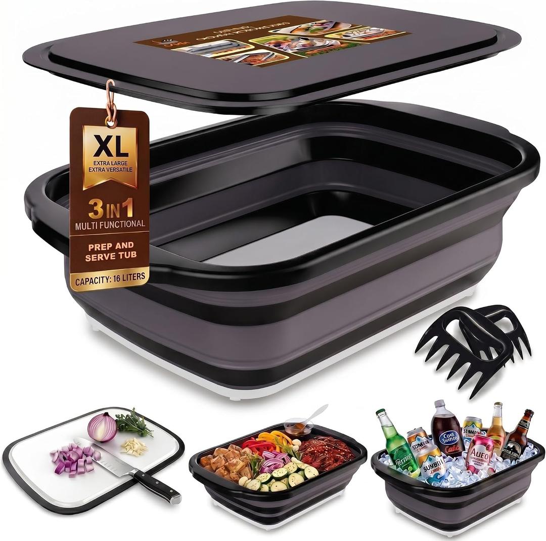 (16L) XL BBQ Prep Tub, Collapsible Meat Prep Tub with Lid, 3-in-1
BBQ Prep Tub with Lid, Meat Prep Tub for Marinating, Meal Prep & Grilling, Built-In Cutting Board, Meat Shredder Claws