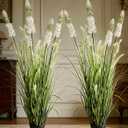 Artificial Grass Plant with White Delphinium Silk Flowers 4ft 2-Pack, Fake Ornamental Onion Grass in Pot, 48in Tall Floor Grass Plants for Decor, Indoor Decorative Flowers & Plants