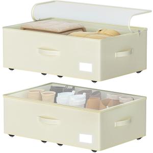 Under Bed Storage with Wheels, No Assemble Required 10 inches height Under Bed Storage bins,Large capacity Rolling Under bed Shoe Storage containersdorm under bed storage drawers (Beige)