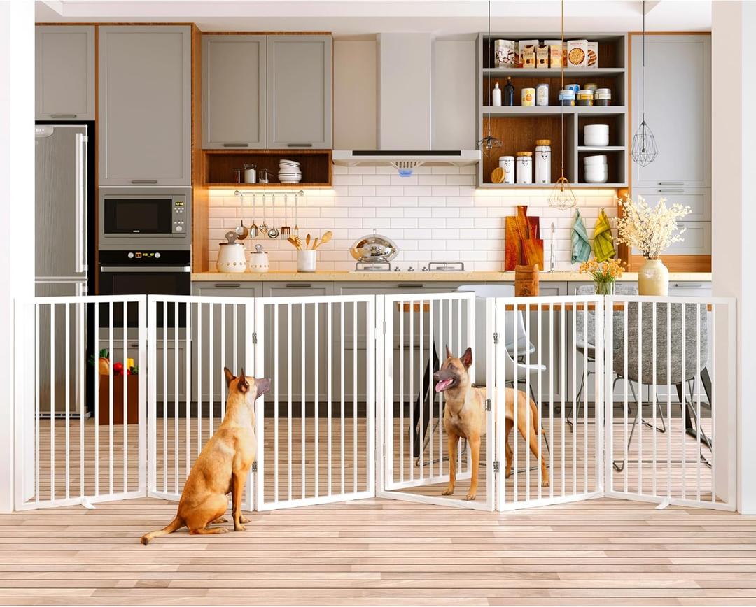 Vantas Folding No-Assembly Metal Pet Gate 120" Wide, 32" Extra Tall Dog Gate with Door Walk Through, Freestanding Accordion Puppy Gate Dog Door for Indoor & Outdoor, with 2PCS Support - White,【6-Panel with Door】20W*32H