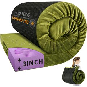 BDEUS Memory Foam Camping Mattress Pad 3inch Waterproof Roll Up Bed Sleeping Mat for Adults Portable Roll Up Mattress for Travel Guest Floor Bed Cot Mattress for Car, Tent (Green)