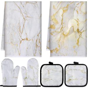 Sratte 6 Pcs Farmhouse Marble Kitchen Towels Pot Holders Oven Mitts Set 2 Dish Towels 2 Potholders 2 Cooking Mittens Oven Glove for Cooking Baking Grilling Supply (White, Gold)