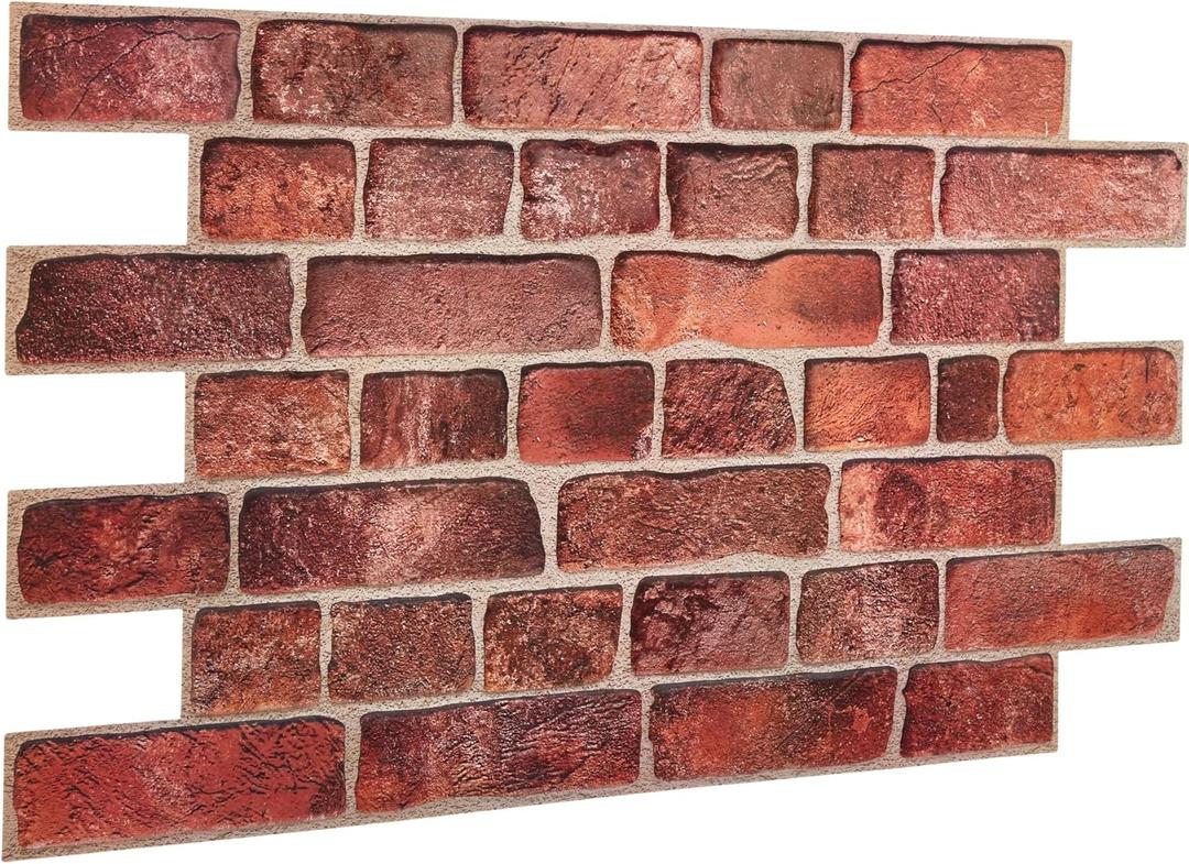 3D Faux Brick Wall Panels 37.8 x 18.9 - 10 Sheets, Covers 4.6 sqm / 49.6 sq ft - Decorative Artificial PVC Wall Panels for Cladding - Kitchen, Living Room, Bedroom, Office - Deep Red Brick