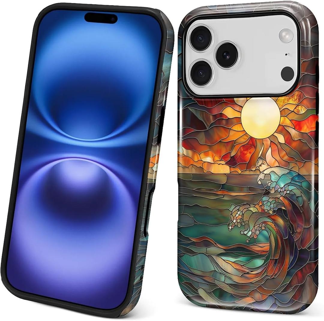 Case for iPhone 17 Pro, 2 in 1 PC Hard Shell Silicone Inner Bumper Anti-Scratch Full-Body Cover Shockproof Slim Design Stained Glass Sun Waves