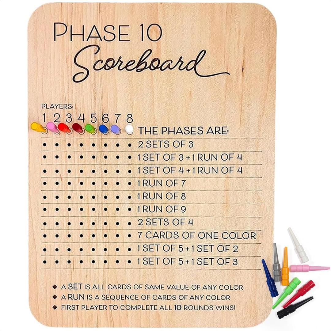 Phase 10 Score Board - 2025 Phase 10 Scoreboard Game, Phase 10 Card Game Wooden Made with 8 Colored Pegs, Phase 10 Scoreboard Round Tracker Board Card Games Night Table Score for Families, Adults