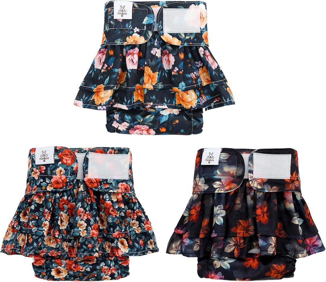 CuteBone Female Dog Diapers with Skirts 3 Pack Reusable Puppy Dresses Pants for Heat Cycle Period QBD21S, S