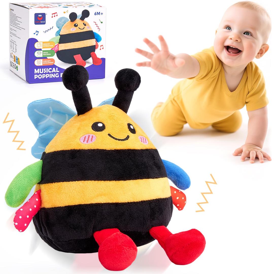 hahaland Musical Tummy Time Bouncing Plush Bee Crawling Toy for 6 Month | Dancing Vibrating & Buzzing Bee Baby Toys 7 8 9 10 11 12 Month Old, Bee Toy Gifts for 1 Year Old Boy & Girl