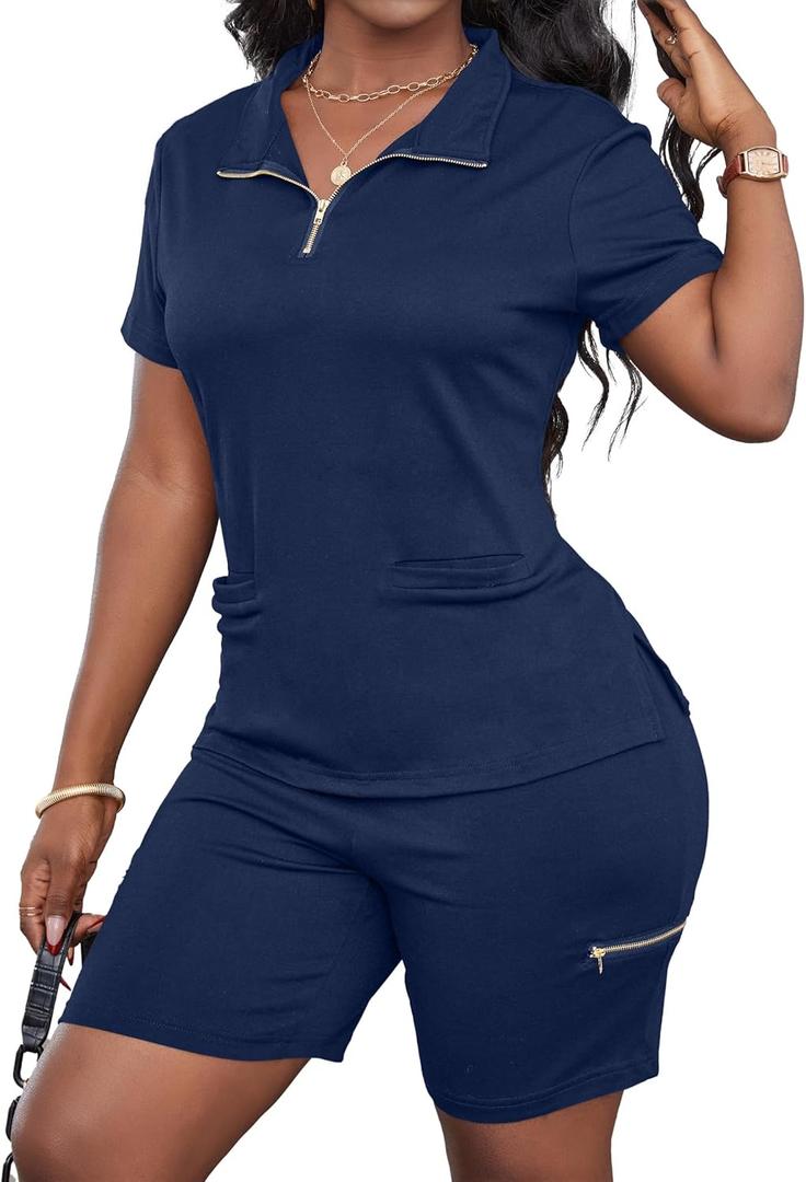 LovelyWholesale Womens 2 Piece Outfits Side Split V Neck T Shirts and Biker Shorts Matching Sets Navy Blue Small