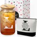 Custom Glass Cup & Makeup Bag Set - Personalized Gifts for Women, Initial 16 oz Glass Tumbler with Lid & Straw, Monogram Makeup Bag - Birthday Gifts For Women, Mother's Day Presents(L)