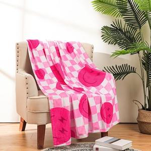 Frienda Preppy Throw Blanket Smile Face Cute Flannel Soft Plush Fuzzy Blanket Preppy Bedding Stuff for Dormitory Living Room 50" x 60"(Checkered Smile Face)