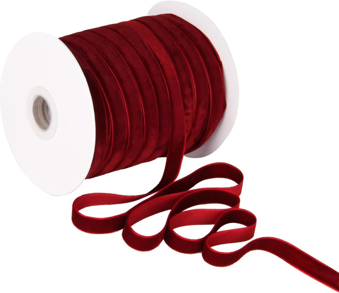 2 x Burgundy Velvet Ribbon 3/8'' 50 Yards Velvet Fabric Vintage Ribbon for Christmas Tree, Gift Wrapping, Flower Bouquet, Wreath Decorations, Bow Making (Burgundy, 3/8"-50 Yard)