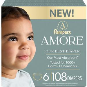 Pampers Amore, Size 6 (23-44 lbs), 108 Count, Our Best Diaper Hypoallergenic & Fragrance Free, Up to 100% Leakproof, Soft as Cashmere