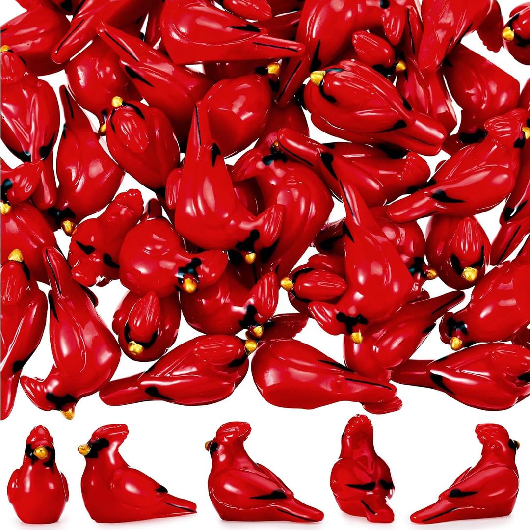 Wesiti 100 Pcs Christmas Mini Resin Red Cardinal Bird Figurines to Hide Tiny Cardinals Miniature Figurine Christmas Ornament for Gift Xmas Miniature Garden Craft Cake Topper Decoration (Elegant)