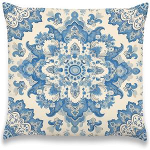 Blue and White Chinoiserie Decorative Throw Pillow Covers, Oriental Porcelain Mandala Floral Pattern Pillow Cases, Vintage French Country Coastal Decor for Sofa Living Room Bedroom 18x18in