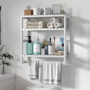 Over The Toilet Storage Bathroom Shelves Wall Mounted 3 Tier Space Saver Corner Shelf Organizer Bamboo Towel Rack Toilet Paper Cabinet with Hanging Rod White (Large)