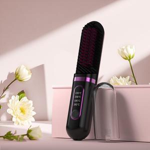 Cordless Hair Straightener Brush, Portable Straightening Brush for Women, Mini Negative Ion Hot Comb for Travel, 30Mins Auto-Off, USB Rechargeable, Fast Heating 4 Temperature Settings (Black)