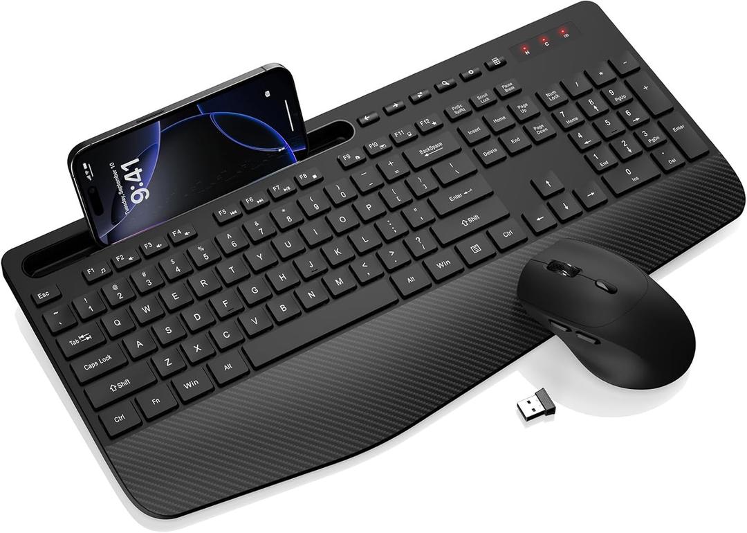 Wireless Keyboard and Mouse Combo  FullSized Ergonomic Keyboard with Wrist Rest, Phone Holder, Sleep Mode, 2.4G Quiet Keyboard for PC Laptop, Complete Work Setup for Office or Home Trueque KM23