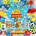 125pcs Two Infinity and Beyond Birthday Decorations, Cartoon Story 2nd Birthday Party Supplies, Balloons Backdrop Banner Tablecloth Cake Topper for 2 Infinity and Beyond Bday Decor
