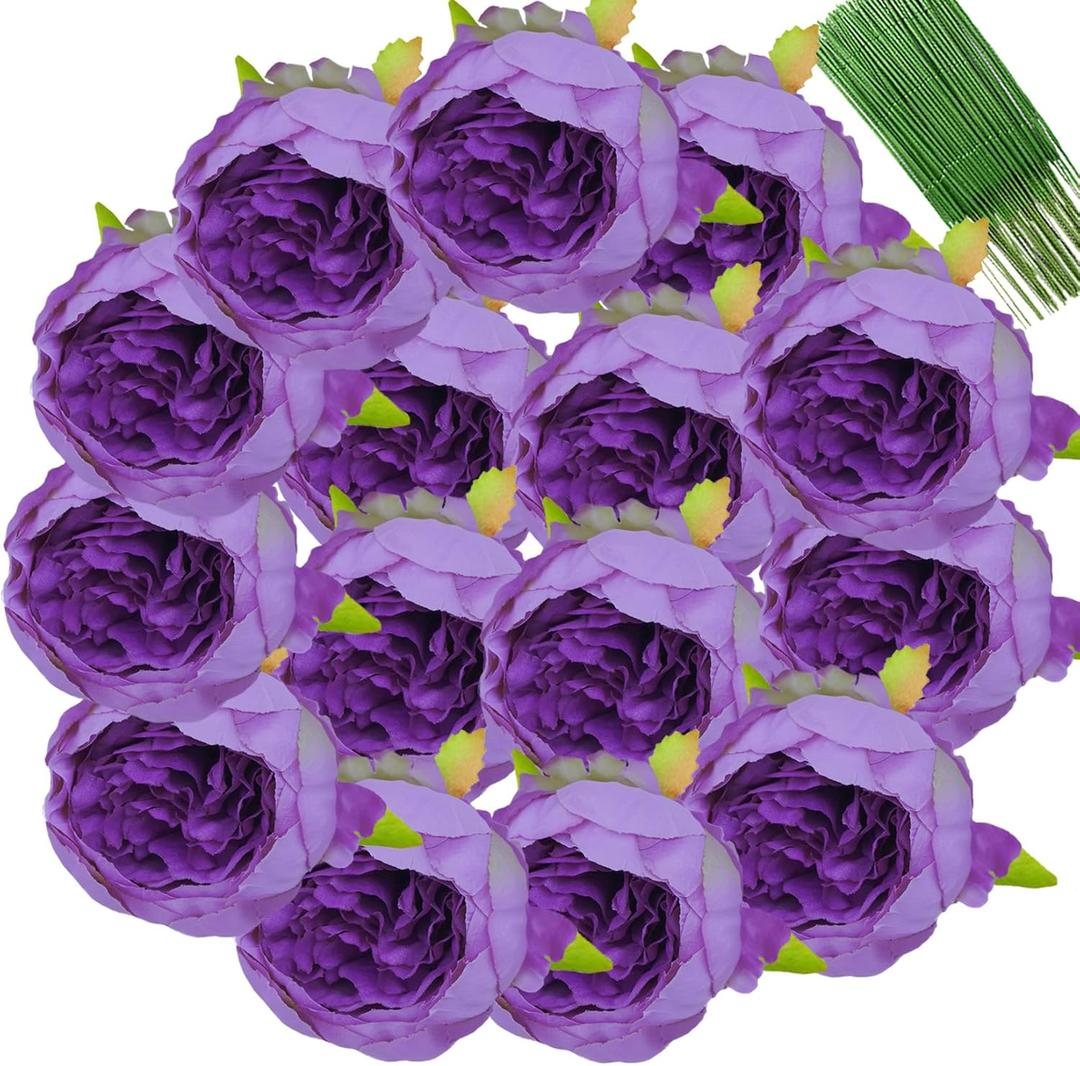 FagusHome 25 Pcs Silk Peony Artificial Flower Heads 4 inch Fake Peony Flowers Heads with Stems Artificial Peony Flower Heads in Bulk Wholesale for Wedding Home Decor (Purple)