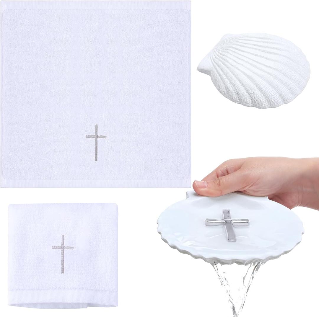Baptism Towel Shell Set for Boys Girls Baptism Towel with Shell Set Baptismal Cloth Christening Towels with Embroidery Cross Baptismal Shells Gifts for Christening Party Favors (Silver)