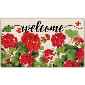 Doormat Welcome Spring Geranium Red Floral Flowers Funny Floor Mat Rug Non-Slip Entrance Indoor Outdoor Bathmat Kitchen Home Rugs Rubber 30 x 18 in