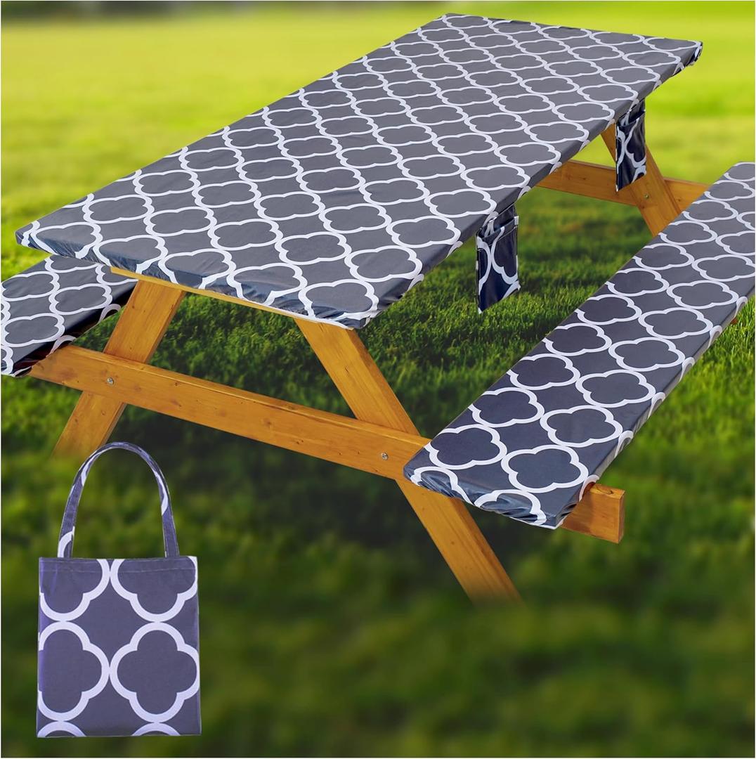 Fitted Picnic Table Cover with Bench Covers Waterproof Elastic Edges Rectangle Patio Tablecloth Outdoor Camping Essentials Stuff Rv Accessories Summer Trip Travel Supplies Party Camper Gifts, 6 ft (72x30in, Blue Line Flower)